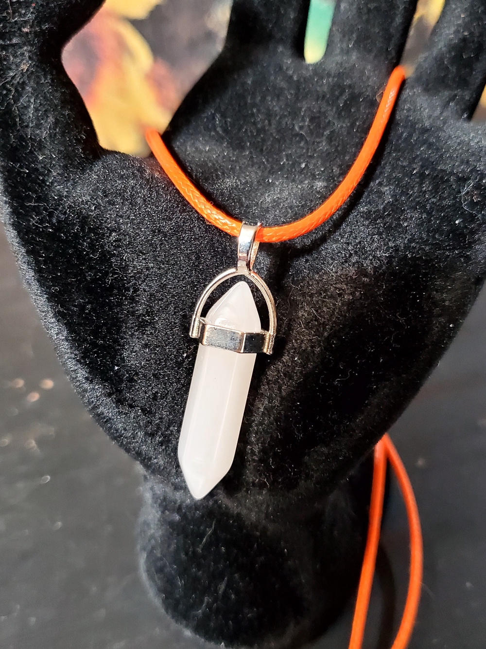 Milky Quartz Crystal Point Pendant Necklace with Orange Cord
